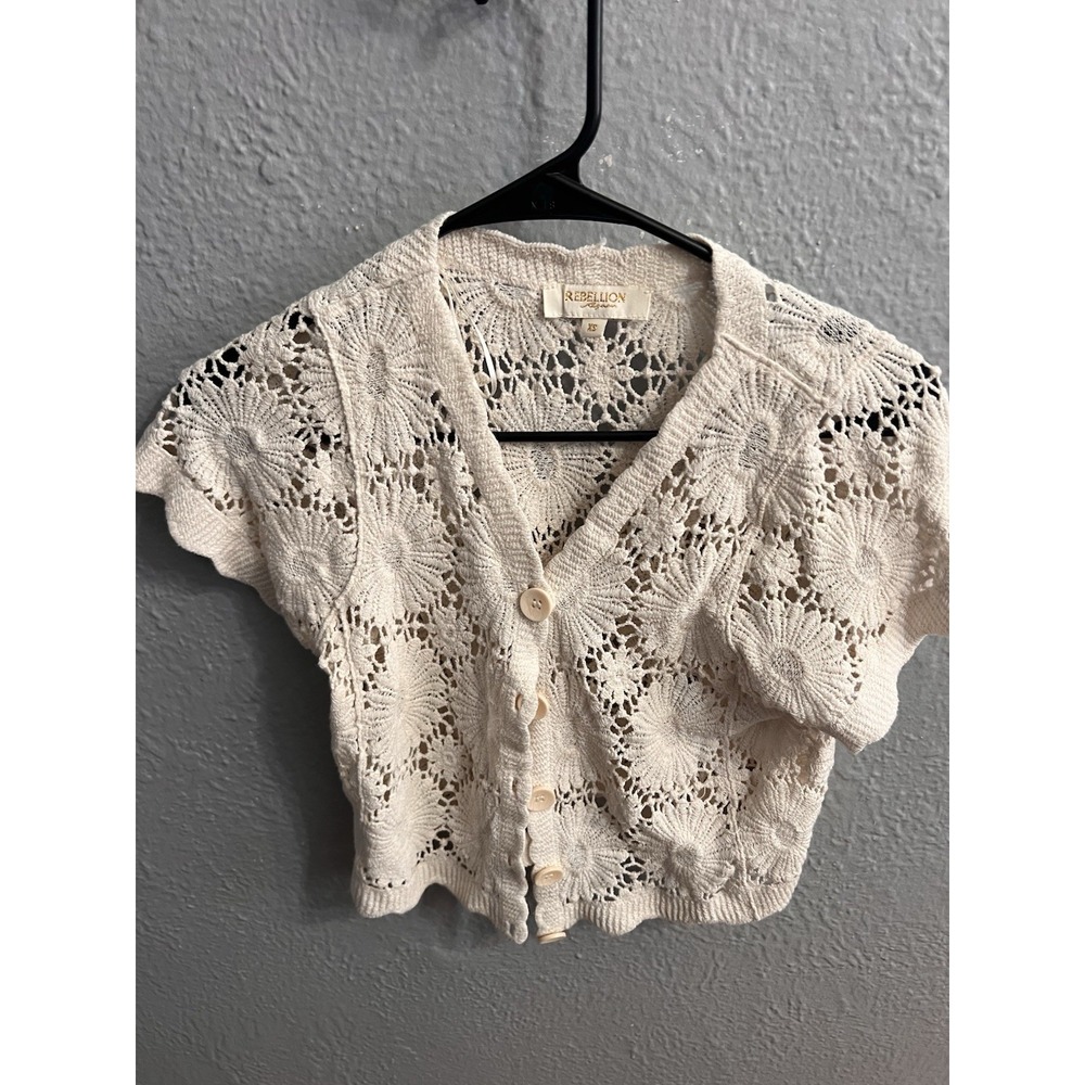 Rebellion Womens Crochet Cream Floral V Neck Button Front Boho Size XS